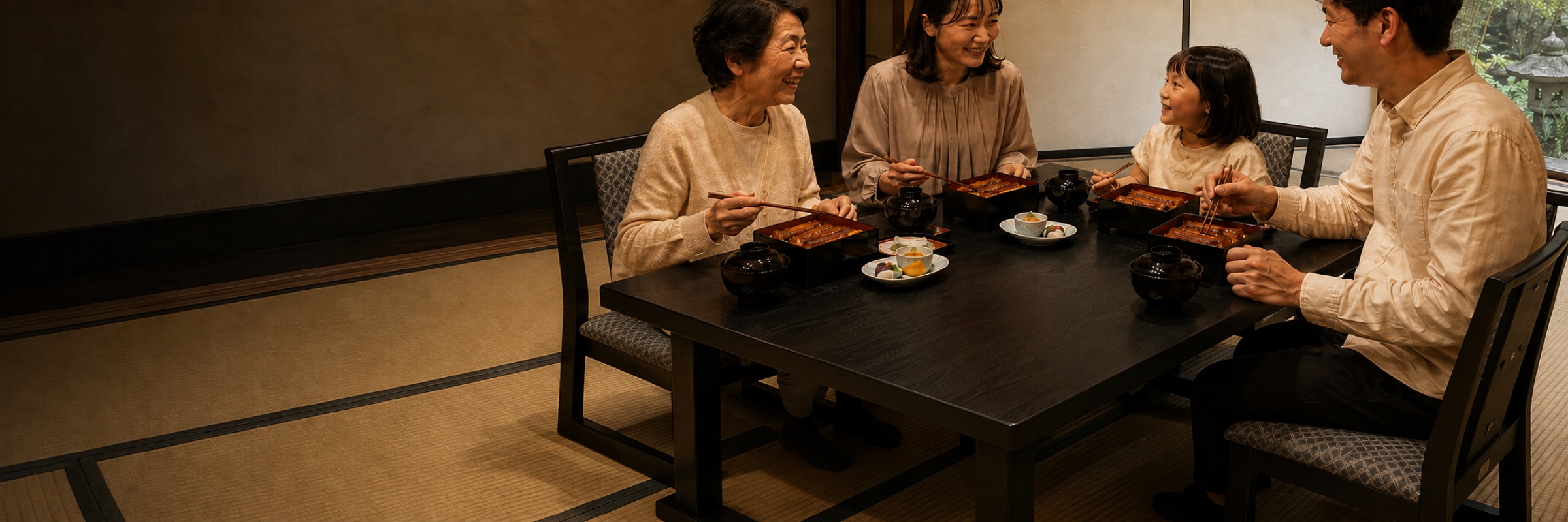 脚付きの座敷イスで家族がうな重を囲む様子