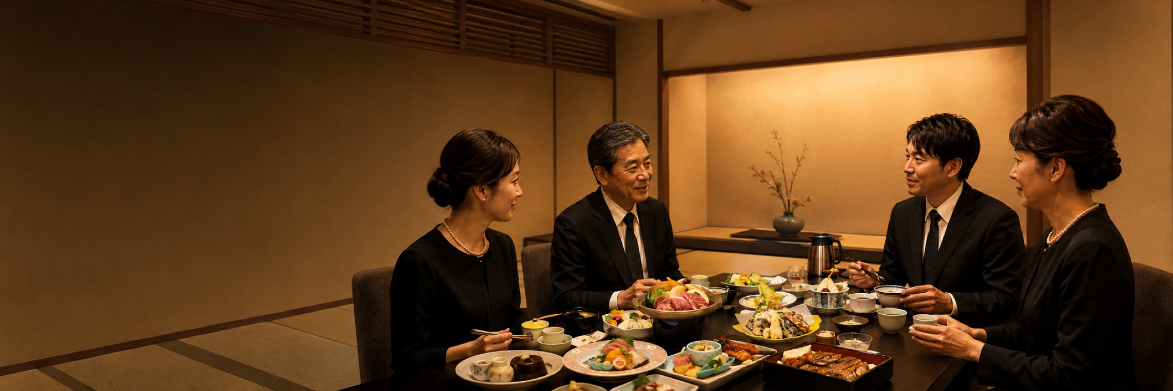 落ち着いた和室で法事後の会食をする様子