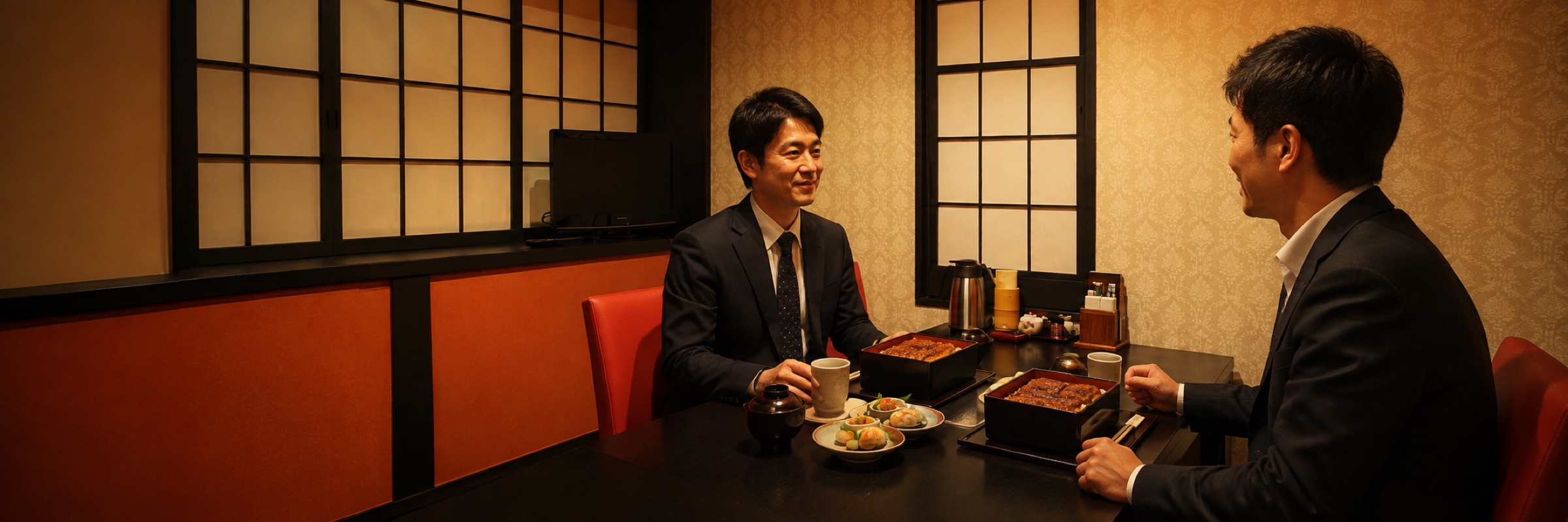 小松園の個室でうな重を囲み会食する二人の様子