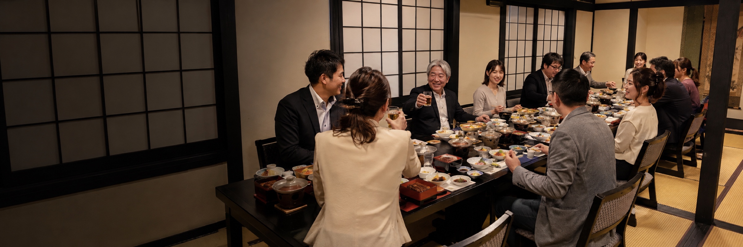 畳の大広間で大勢が会席料理を囲む宴会の様子