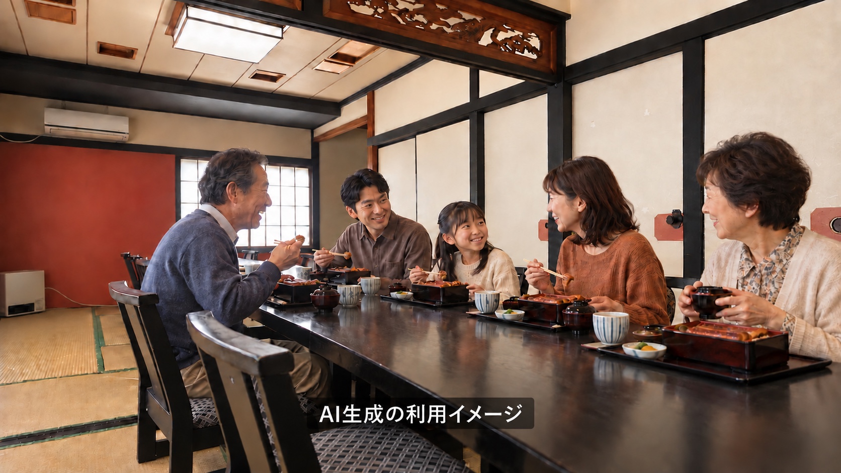さつきの室内写真をもとに、家族5名が食事する様子を描いたAI生成の利用イメージ。実客・実料理・席配置を示すものではありません。