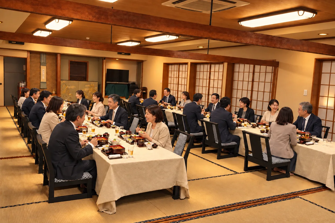 小松園の大広間の実写をもとに作成した宴会のAI生成イメージ