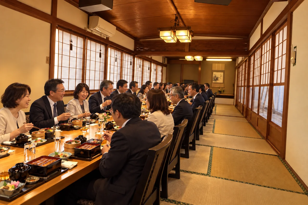 小松園のくじゃくの間の実写をもとに作成した宴会のAI生成イメージ